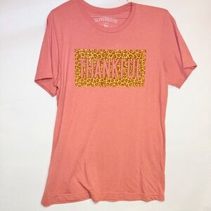 Oliver & Otis Womens Thankful Leopard Graphic T-Shirt Coral Pink Large